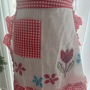Spring Red Checkered Apron Vintage Unique Beautiful Floral Embroider Final Sale